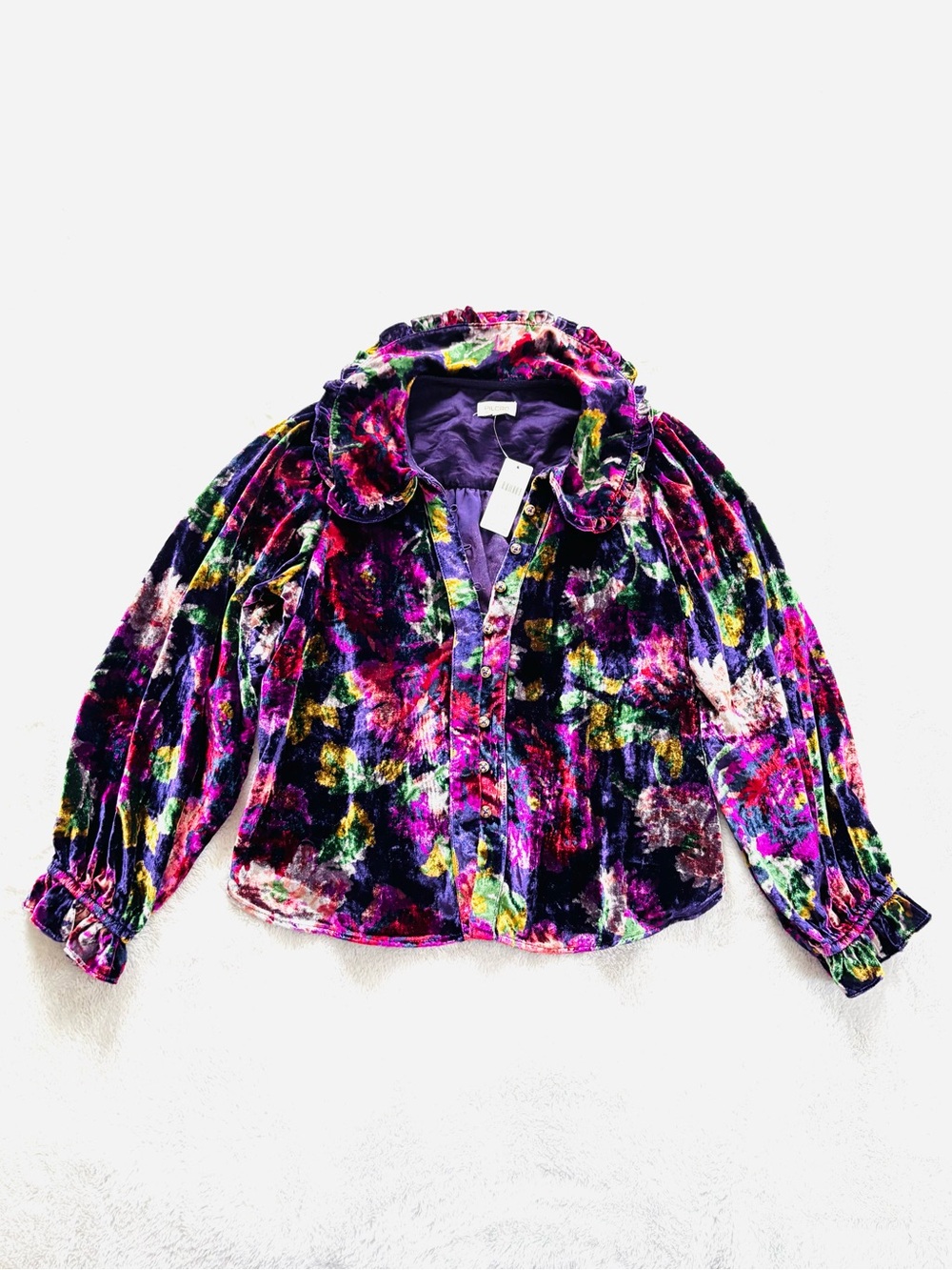 Anthropologie Pilcro Retro 60s Velvet Floral Long Sleeve Blouse, Size SP, NWT